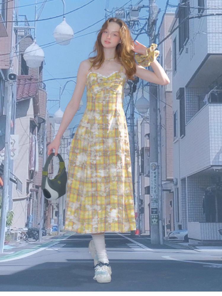 Grid Tie-Dye Split Sling Dress【s0000012258】