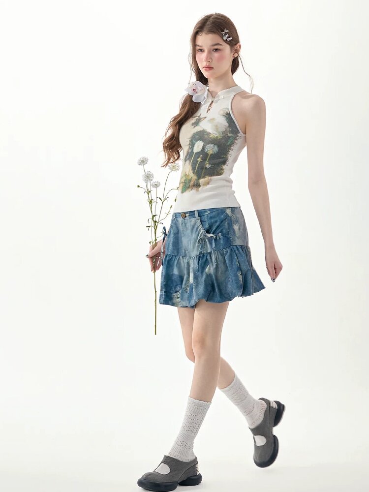 Halter Neck Cat Print Knit Vest【s0000017313】