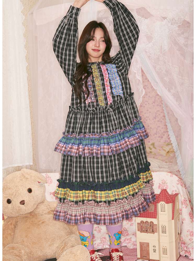 Colorful Lace Plaid Patchwork Black Dress【s0000014823】