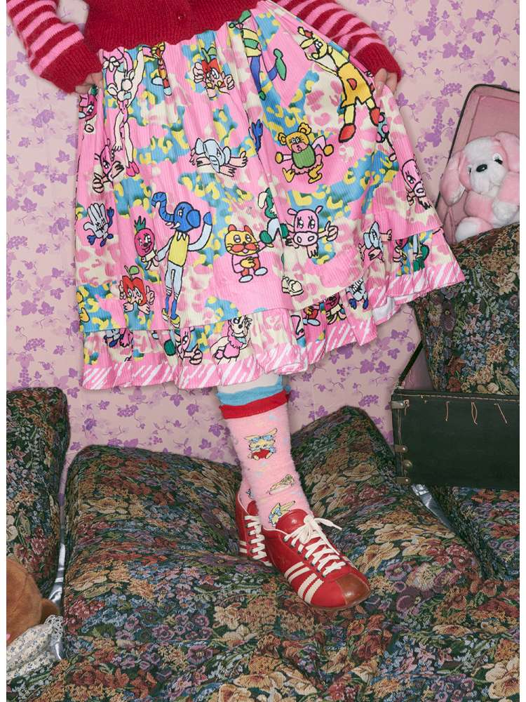 Pink Animal Illustration Skirt【s0000015372】