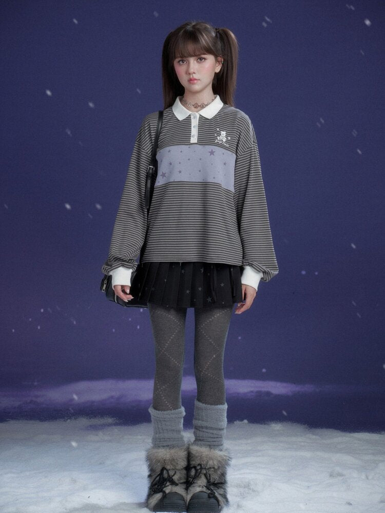 Purple Striped Loose Polo Shirt【s0000015470】