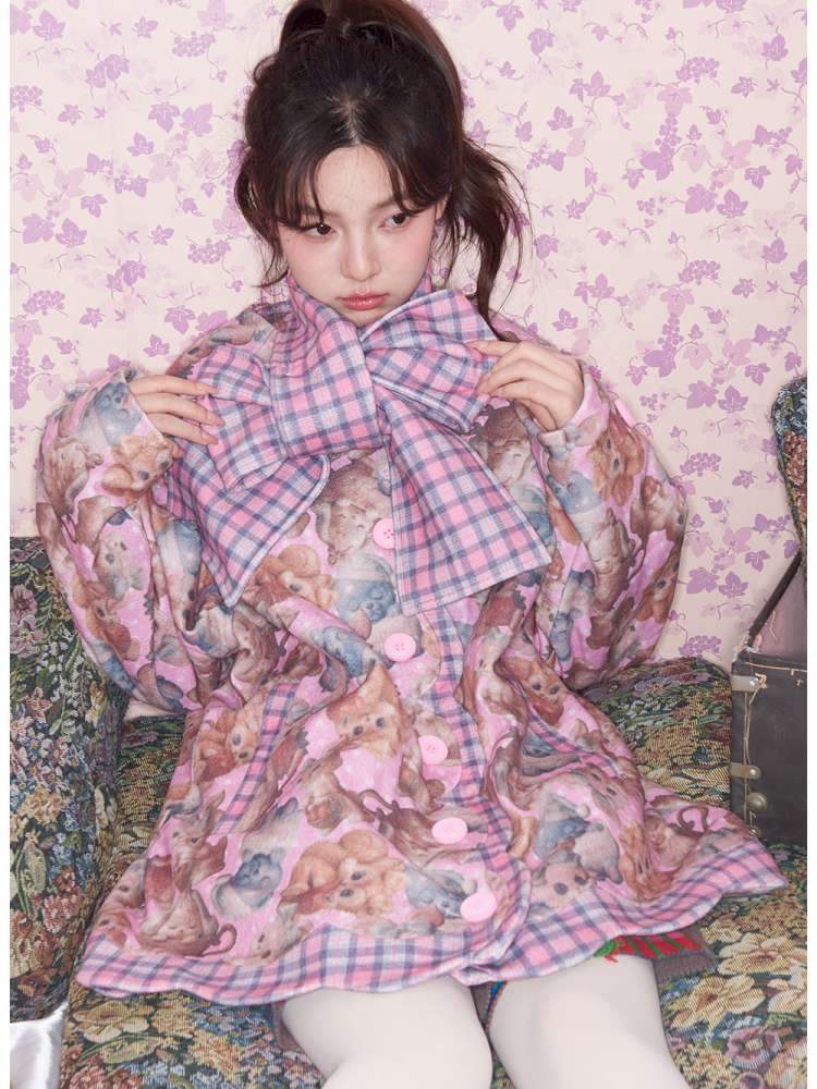 Pink Plaid Animal Padded Jacket【s0000015026】