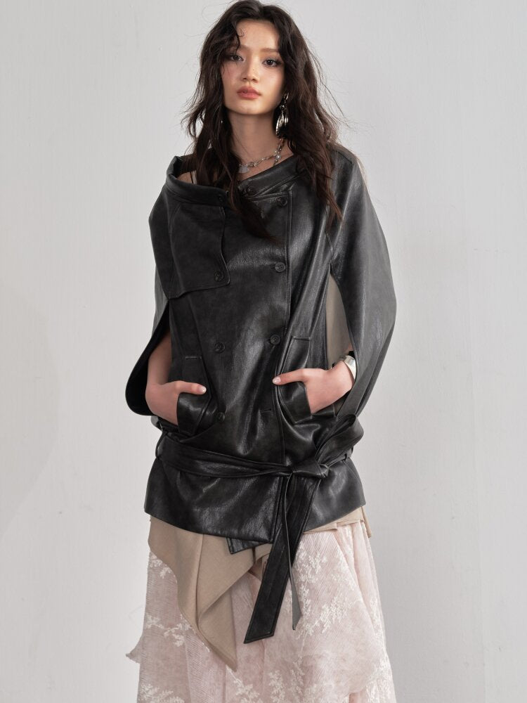 Vintage Brown PU Leather Cape Shawl【s0000015688】