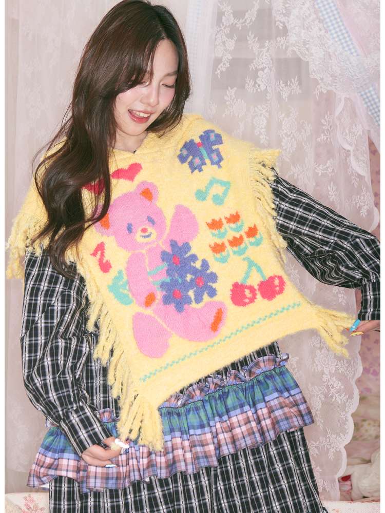 Yellow Bear Knit Shawl Tassel Hooded Cape【s0000014821】