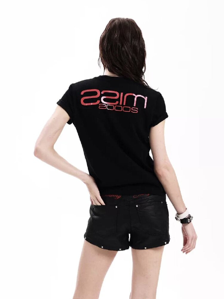 Red Rhinestone Embroidered Polo Tee【s0000018291】