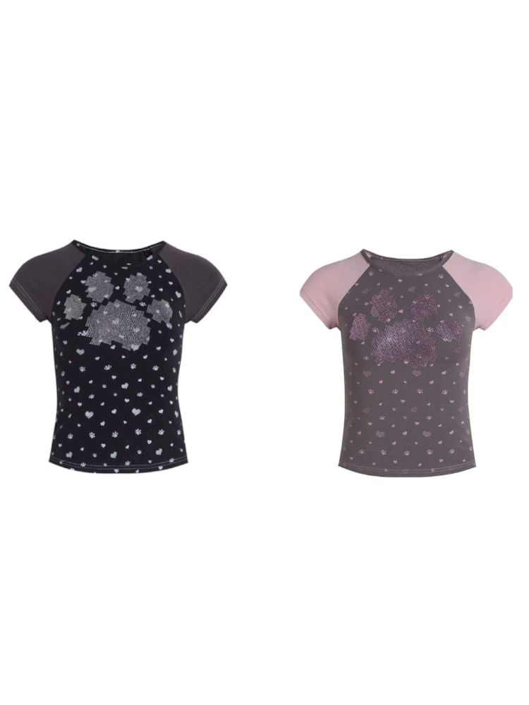 Cat Paw Love Mosaic Spice Girl Patchwork Short Sleeve【s0000009273】