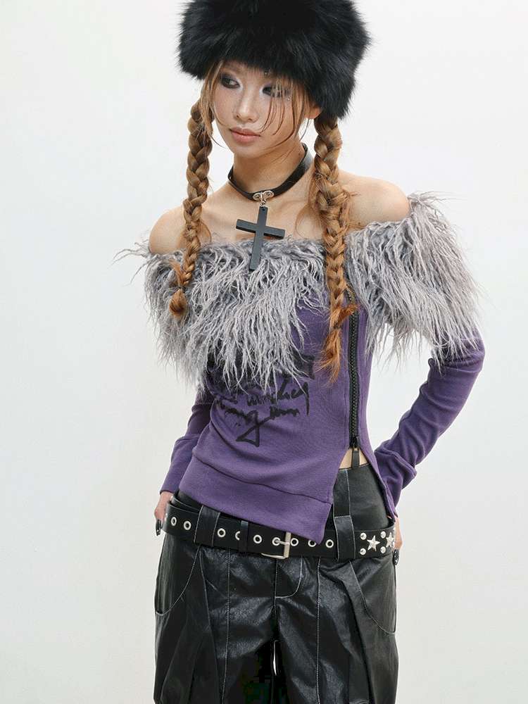 Hairy One-Shoulder Slim Print Knit T-Shirt【s0000014828】