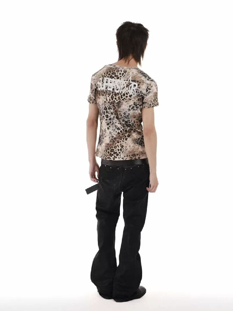 Leopard Slogan Printed V-Neck Tee【s0000018252】