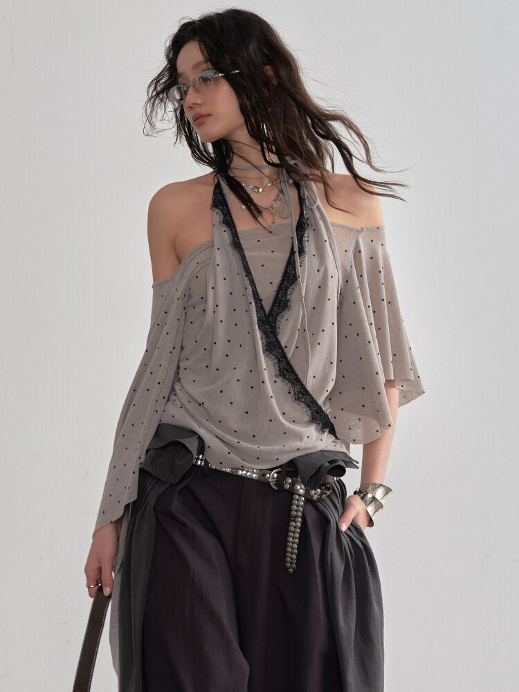 Halterneck Polka Dot Shawl Sleeve Top【s0000015694】