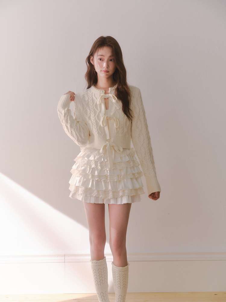 Crochet-Tied Bow Short Knit Cardigan【s0000014611】
