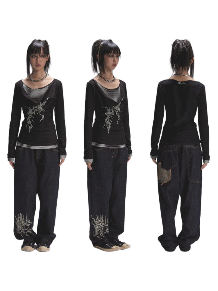 Swing Neck Stretch Fake Two Top Tee【s0000007907】