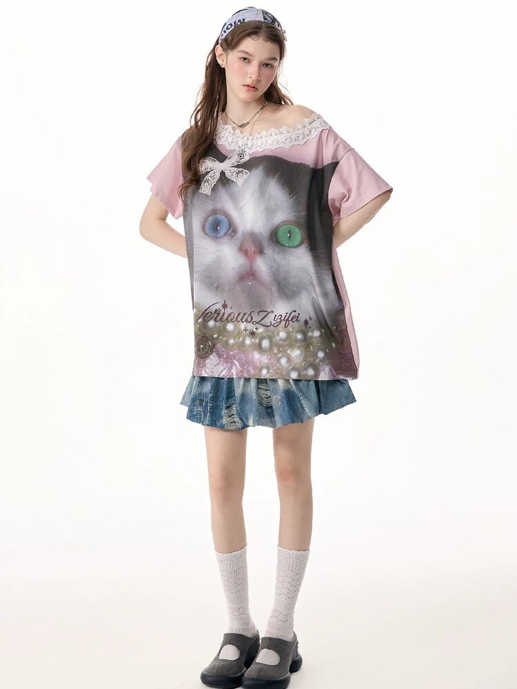 Lace Patchwork Cat Print Loose T【s0000017316】