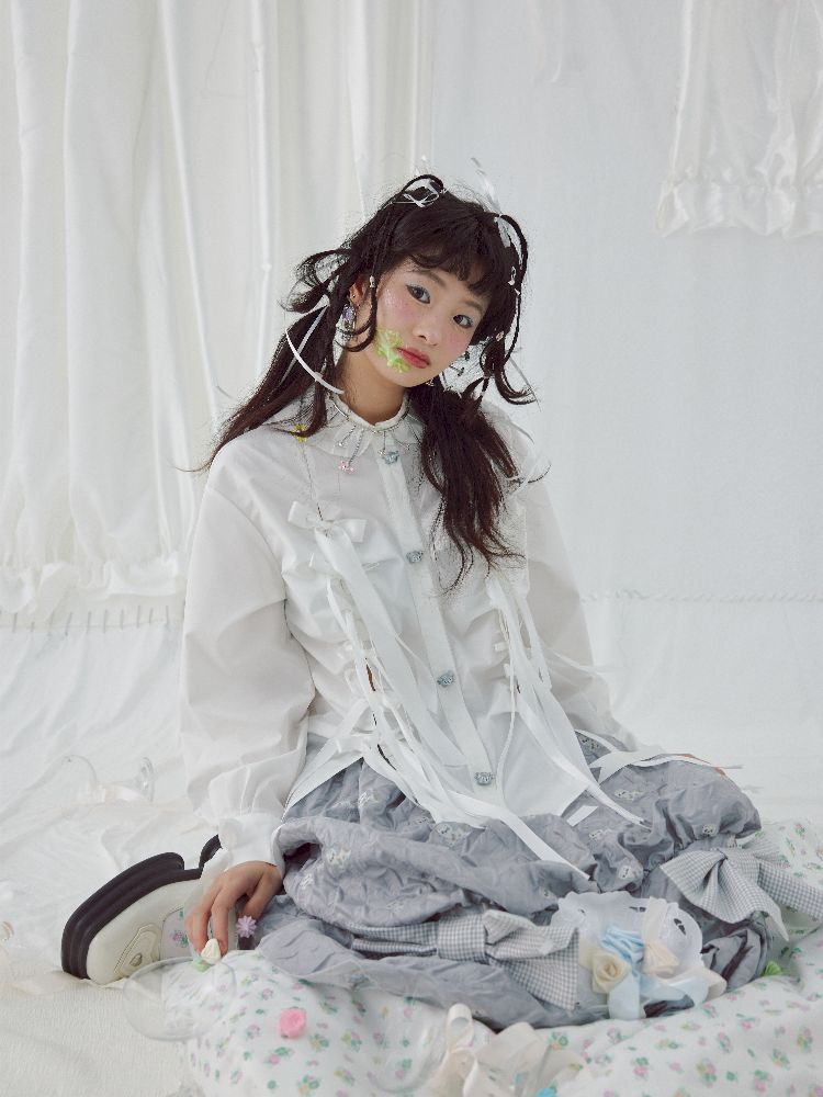Bow Ribbon Pleated Cute Metal Button Blouse【s0000004650】