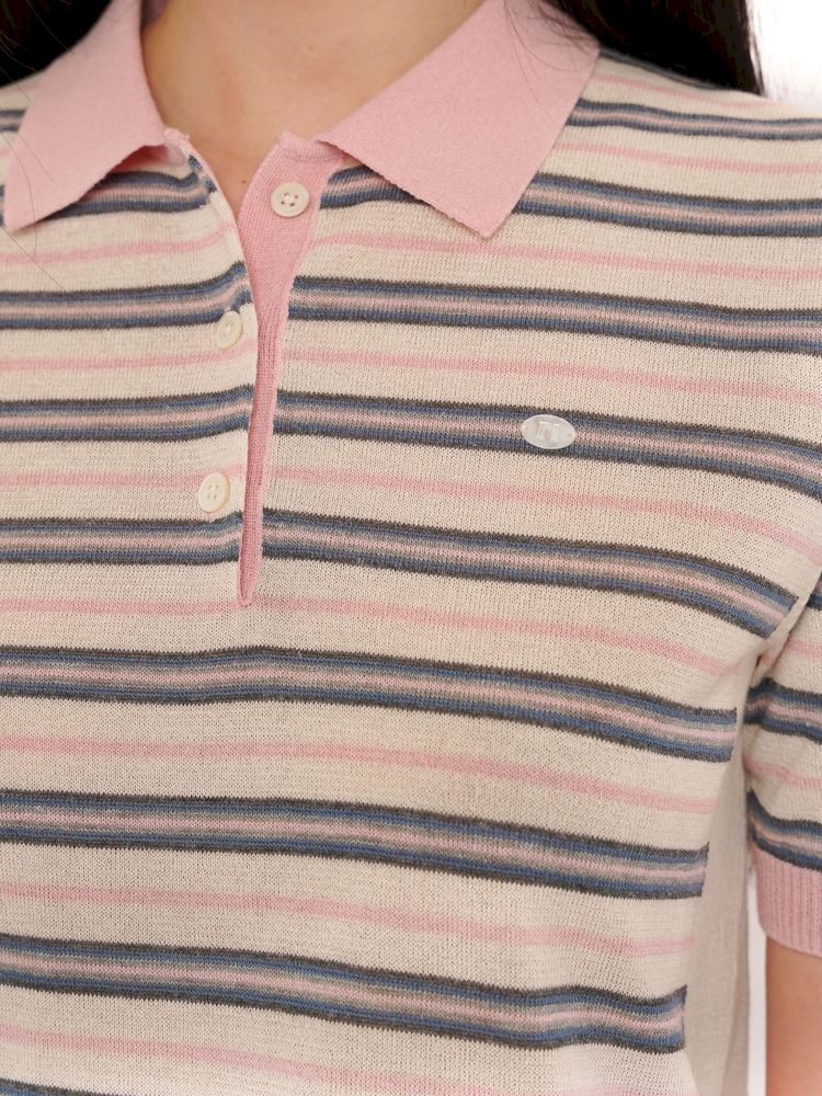 Stripes polo collar short sleeve knit tops【s0000013436】