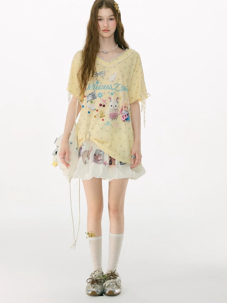 Childlike Cartoon Lace Floral T Shirt【s0000017156】