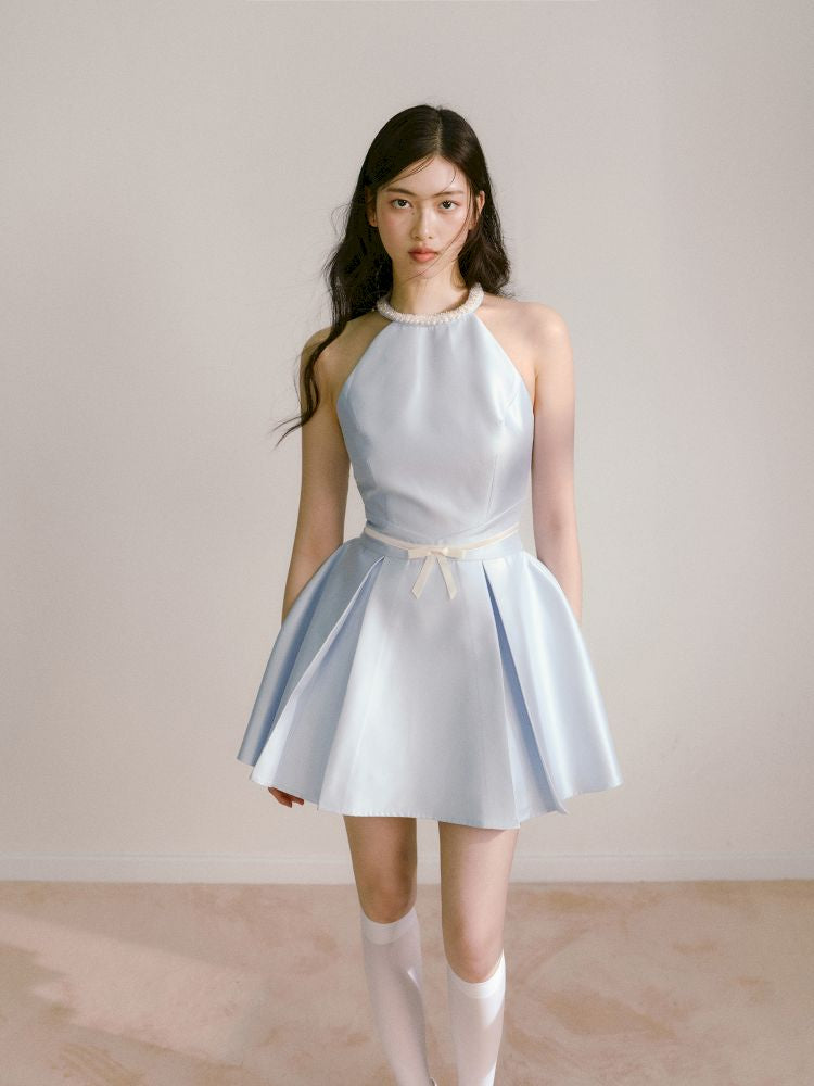 Satin Pearls Hanging Neck Dress【s0000013246】