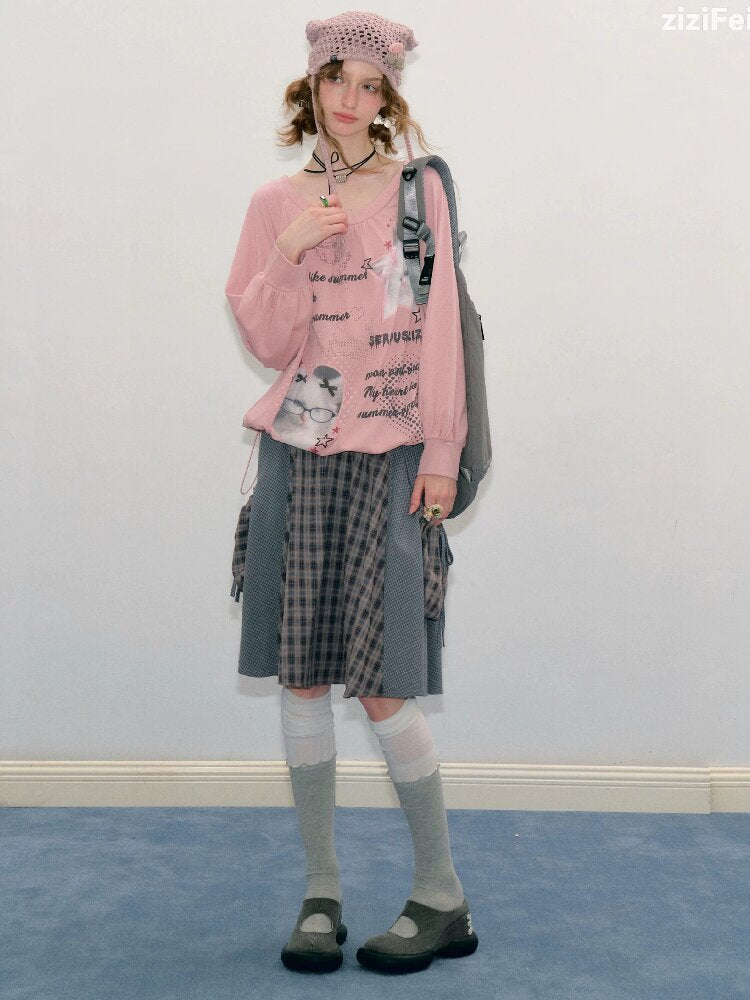 Lantern Sleeve Cat Print T-Shirt【s0000017878】