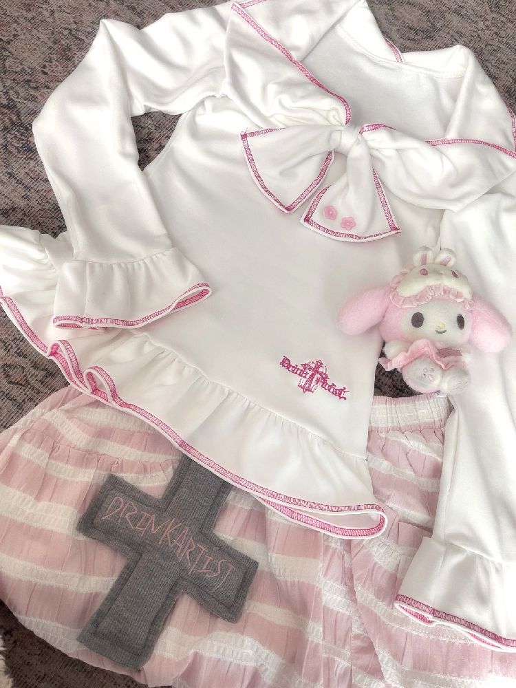 Lace Large Embroidered Bow Tops T-Shirt【s0000011844】