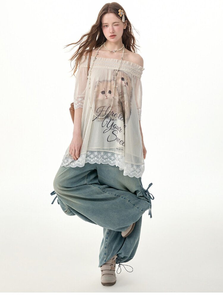 Lace Patchwork Cat Print T-Shirt【s0000017303】