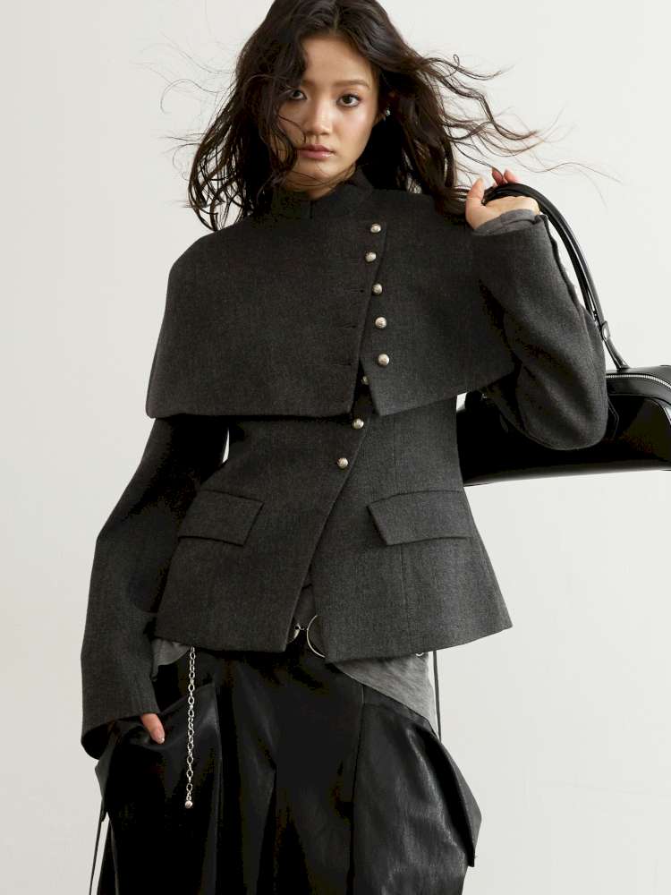 Removable Cape Gray Tweed Coat【s0000015192】