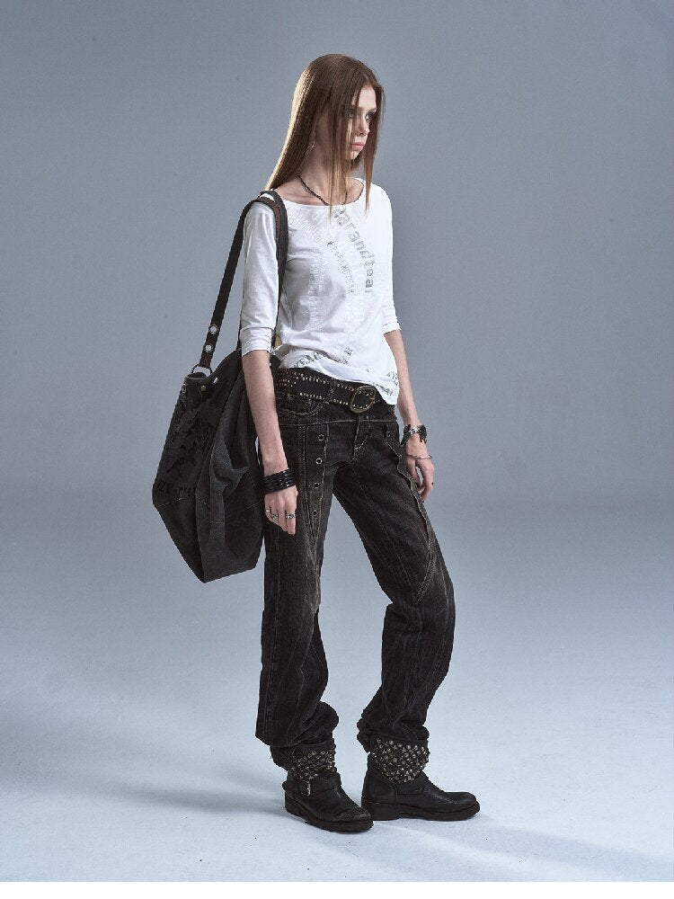 Lightning Rivet Black Denim Pants【s0000016634】