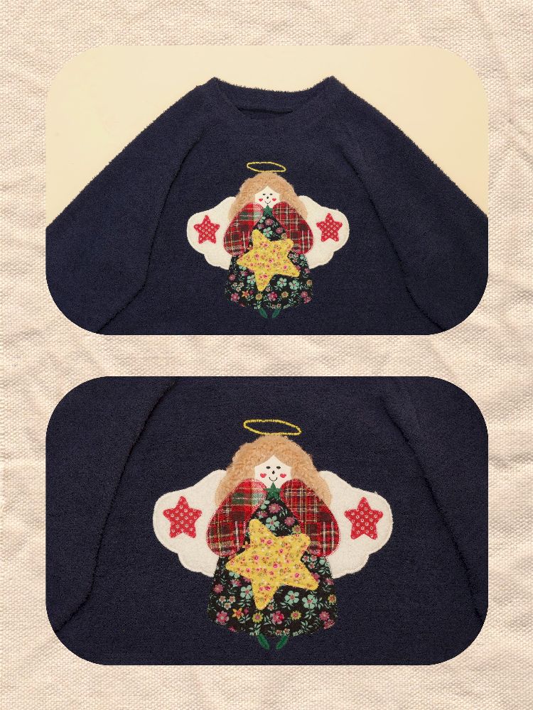 Girly Cherub Appliqued Plush Tibetan Blue Sweater【s0000005580】