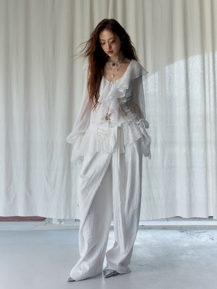 Ruffled airy skin sheer white shirt【s0000013225】