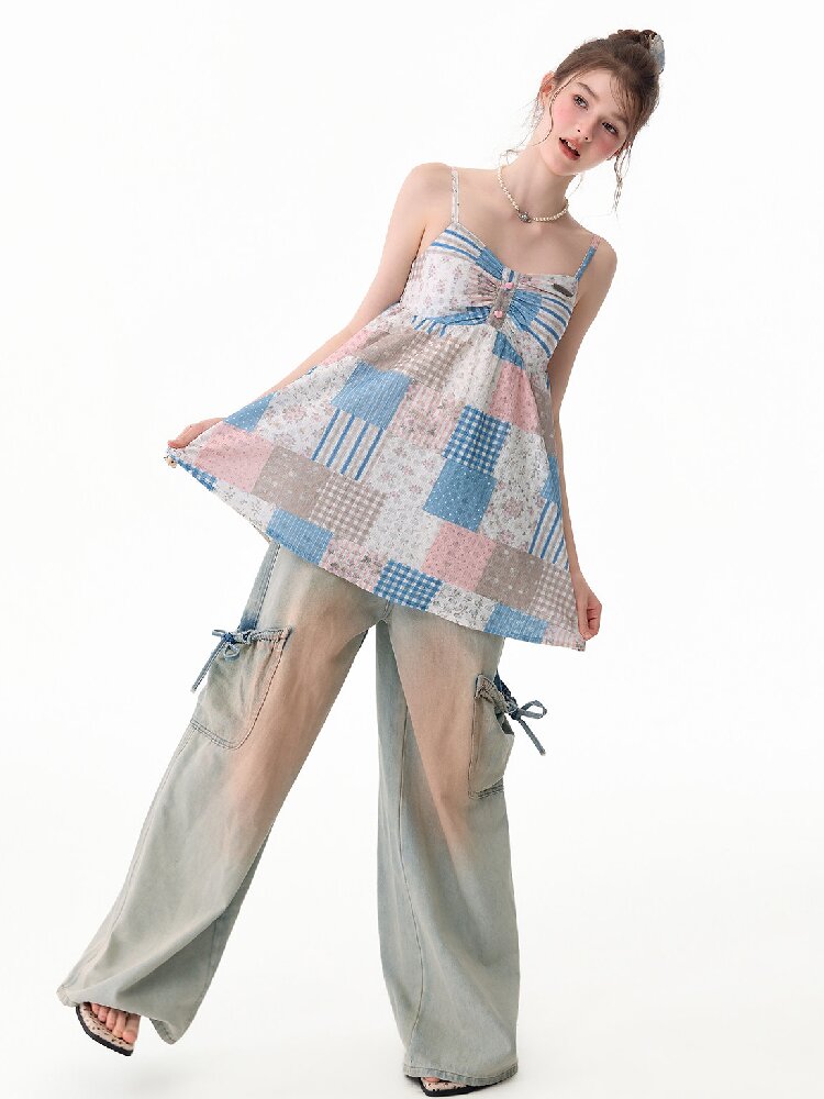 Color-Blocked Floral Plaid Tank Top【s0000017674】