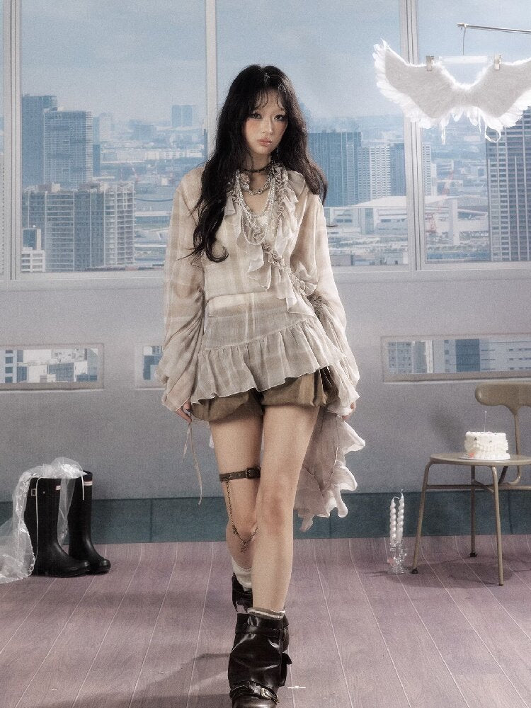 Plaid Ruffled Sunscreen Long Shirt【s0000016531】