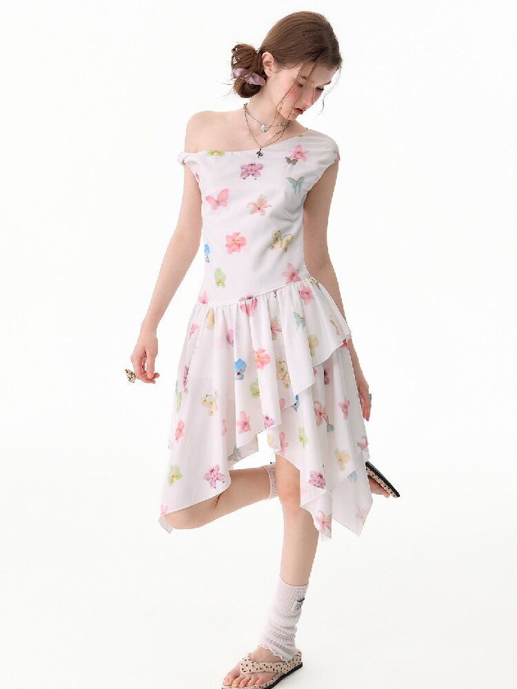 Butterfly Floral Off-Shoulder Dress【s0000017678】