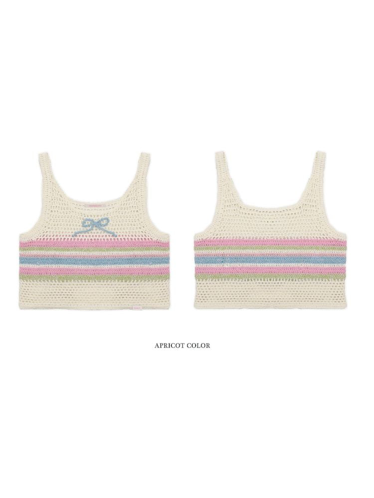 Cutout collision color striped bow tank top【s0000008643】