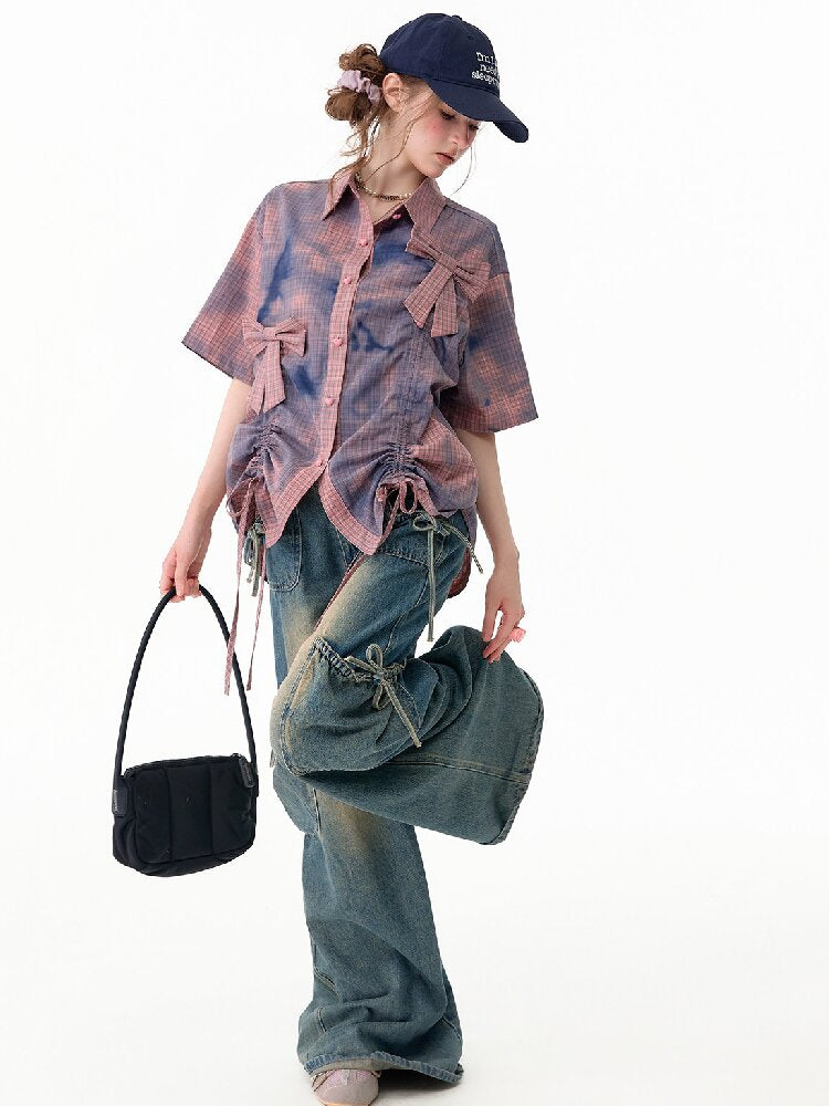 Distressed Plaid Bow Short Sleeve Shirt【s0000017755】