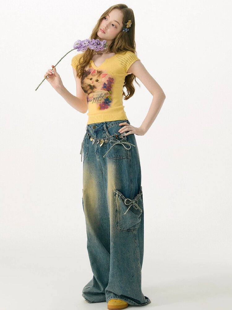 Warm Yellow Cat Print Knitted T-Shirt【s0000017148】