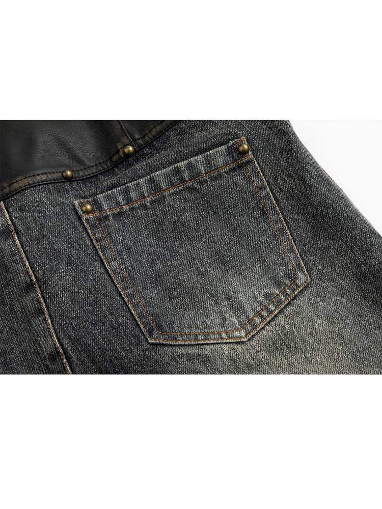 Leather-Trimmed Patchwork Pleated Jeans【s0000014424】