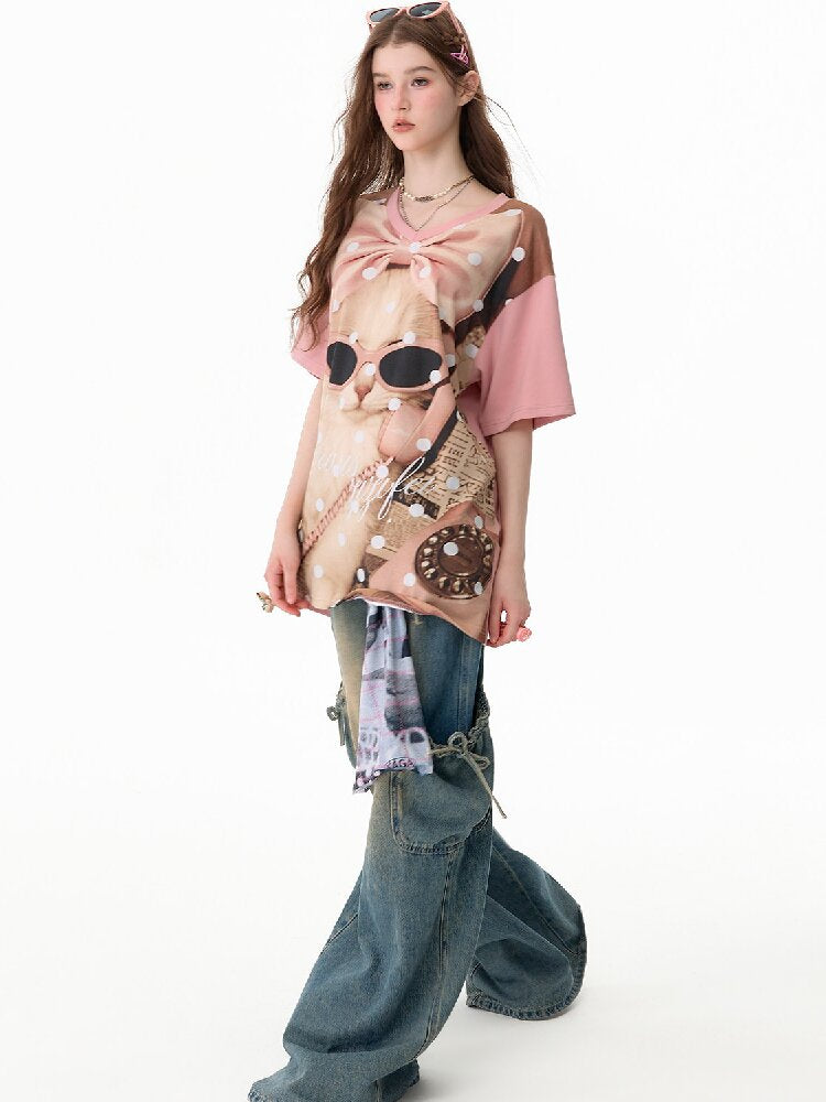 Wave Cat Print Loose Short Sleeve T【s0000017670】
