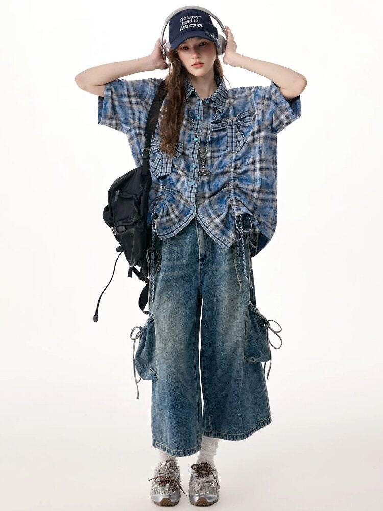 Blue Plaid Bow Preppy Style Shirt【s0000017308】
