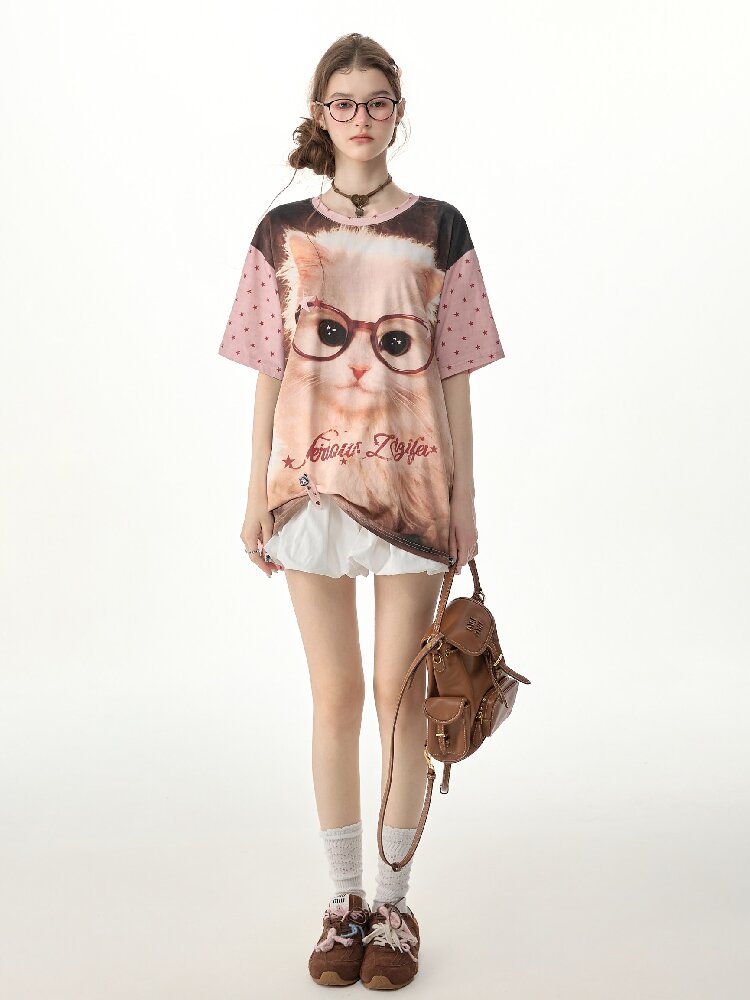 Retro Cat Star Cat Print T Shirt【s0000017266】