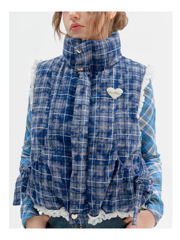 Checkered Splicing Lace Cotton Vest【s0000011504】