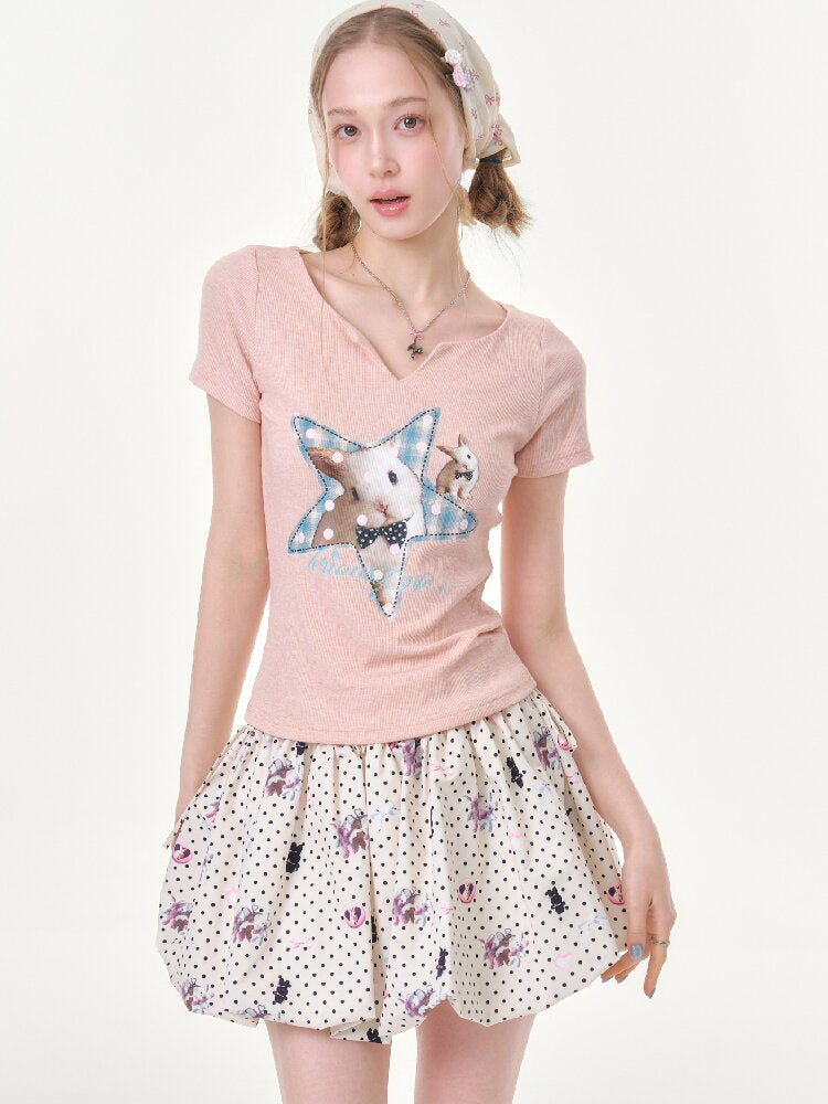 Print Small V Neck Slim T Shirt【s0000016621】