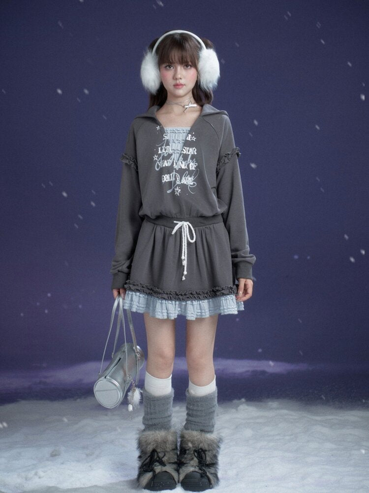Gray Blue Print Lace Hoodie Dress【s0000015471】