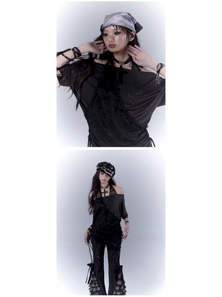 Lazy style rhinestone black T-shirt【s0000012844】