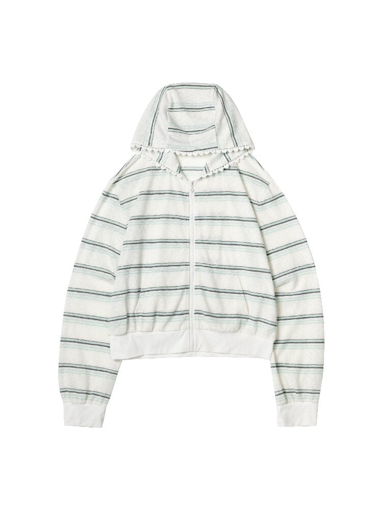 Striped Love Lace Hooded Cardigan【s0000015867】