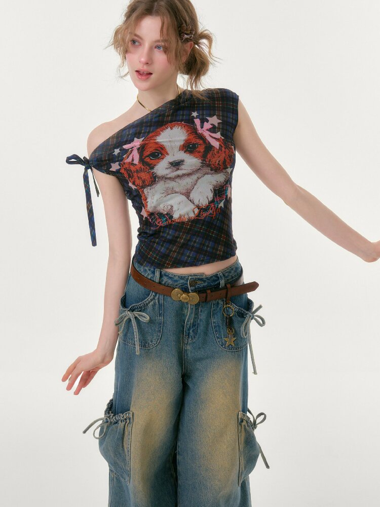 Plaid Print Off Shoulder T-Shirt【s0000016613】