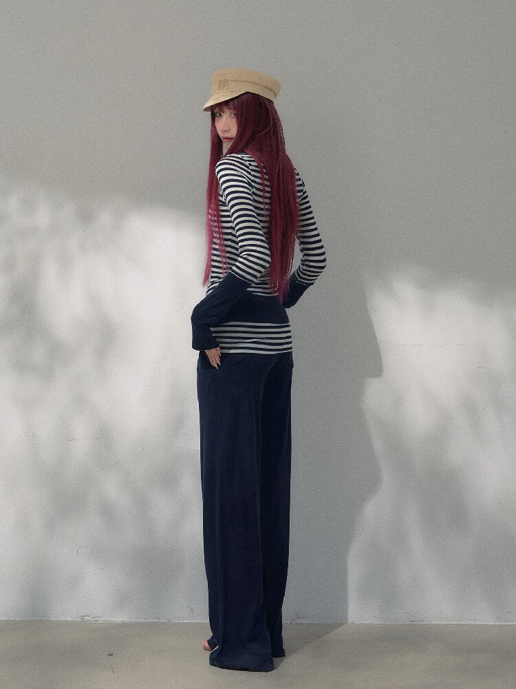 Navy Blue Wool Patchwork Pants【s0000019258】