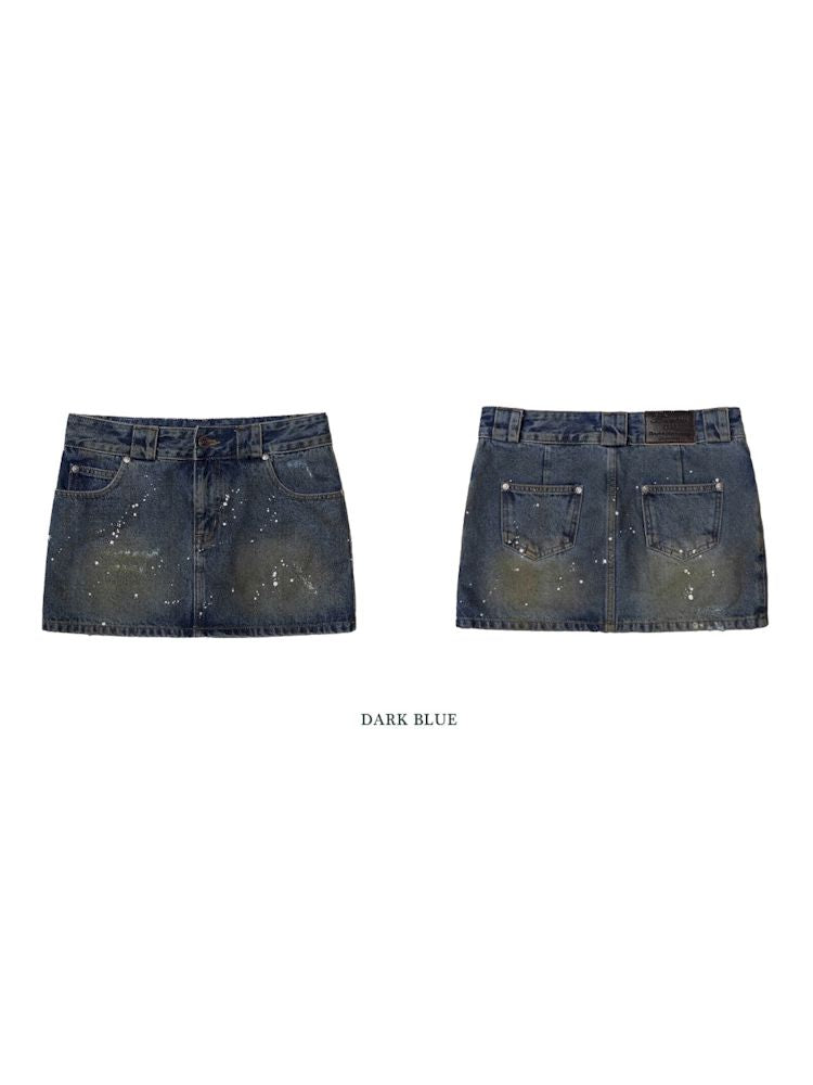Heavy industry splash ink spray denim short skirt【s0000008603】