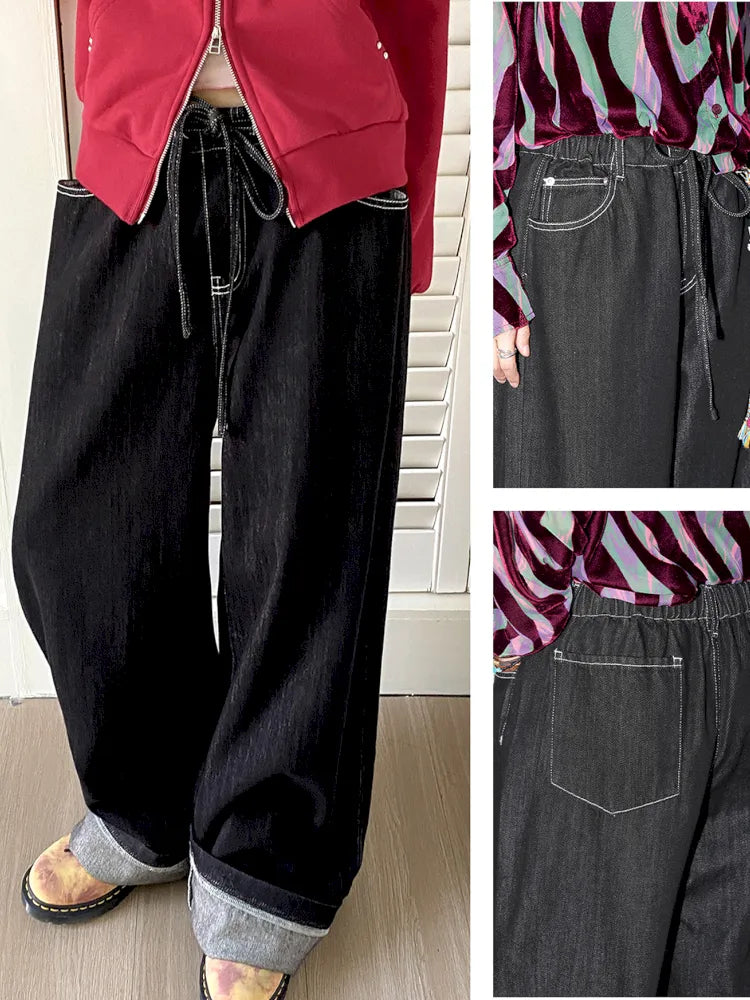 Washed elastic-waist wide-leg long jeans【s0000013990】