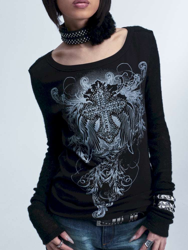 Knitted Mesh Hole Cross Rivet T-shirt【s0000014666】