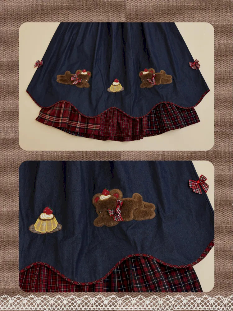 Teddy bear embroidered denim skirt【s0000014176】