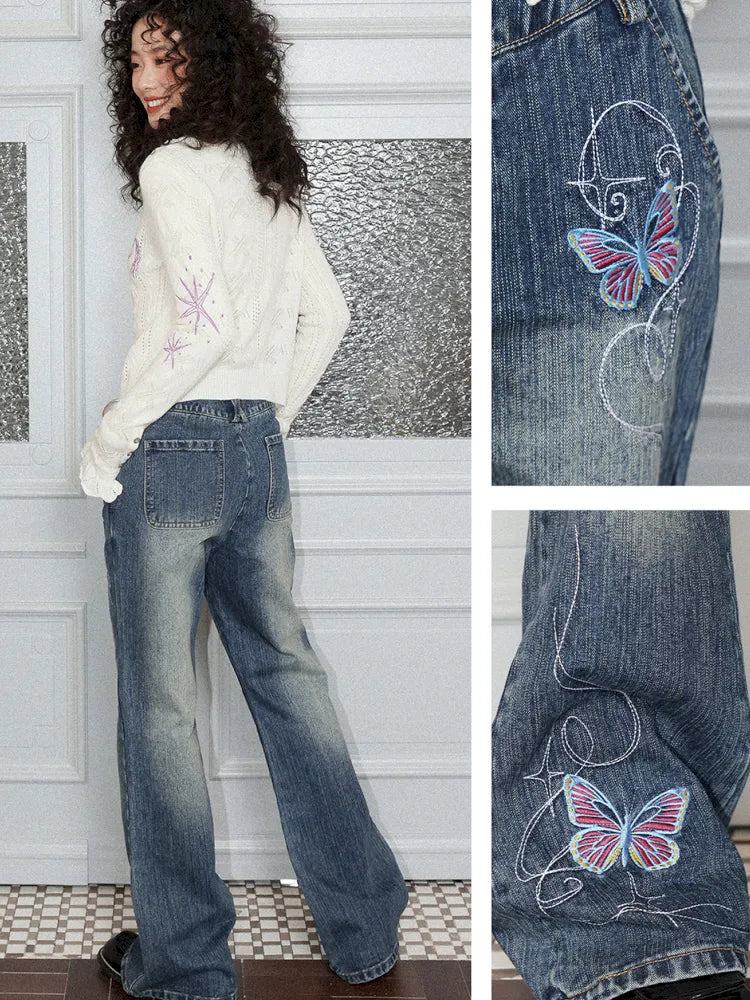 Butterfly Embroidered Slightly Flared Jeans【s0000013987】