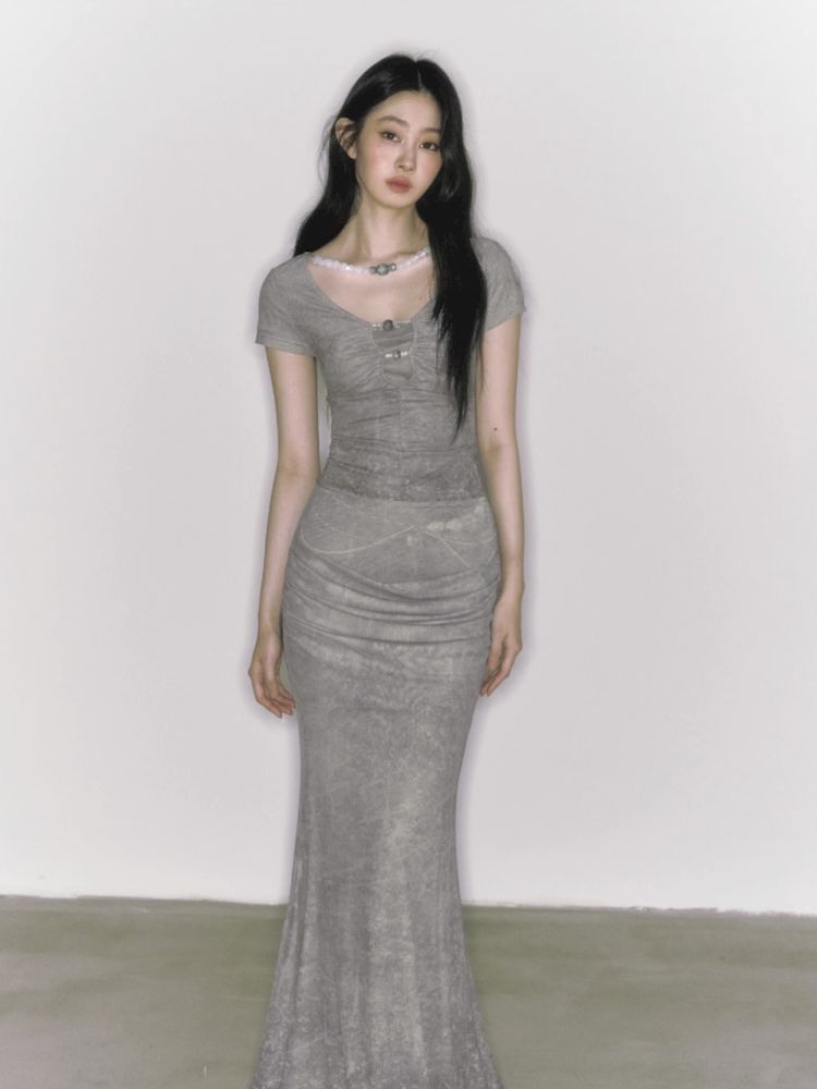 Printed draped a-line long half-body skirt【s0000009597】